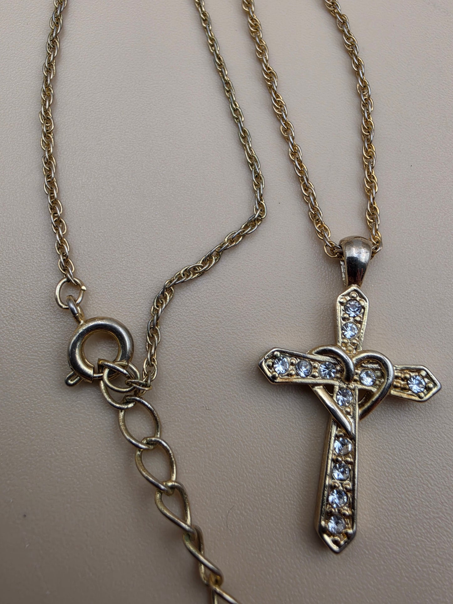 Gold Tone/Clear Rhinestone/Heart Wrapped Cross Pendant on 16"- 18" Adjustable Gold Tone NecklaceChain Necklace