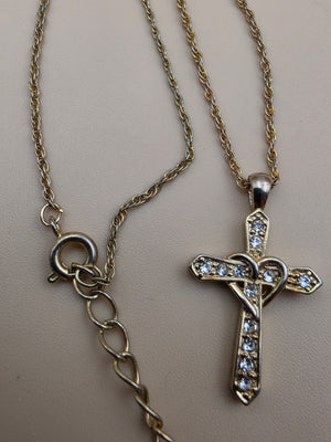 Gold Tone/Clear Rhinestone/Heart Wrapped Cross Pendant on 16"- 18" Adjustable Gold Tone NecklaceChain Necklace