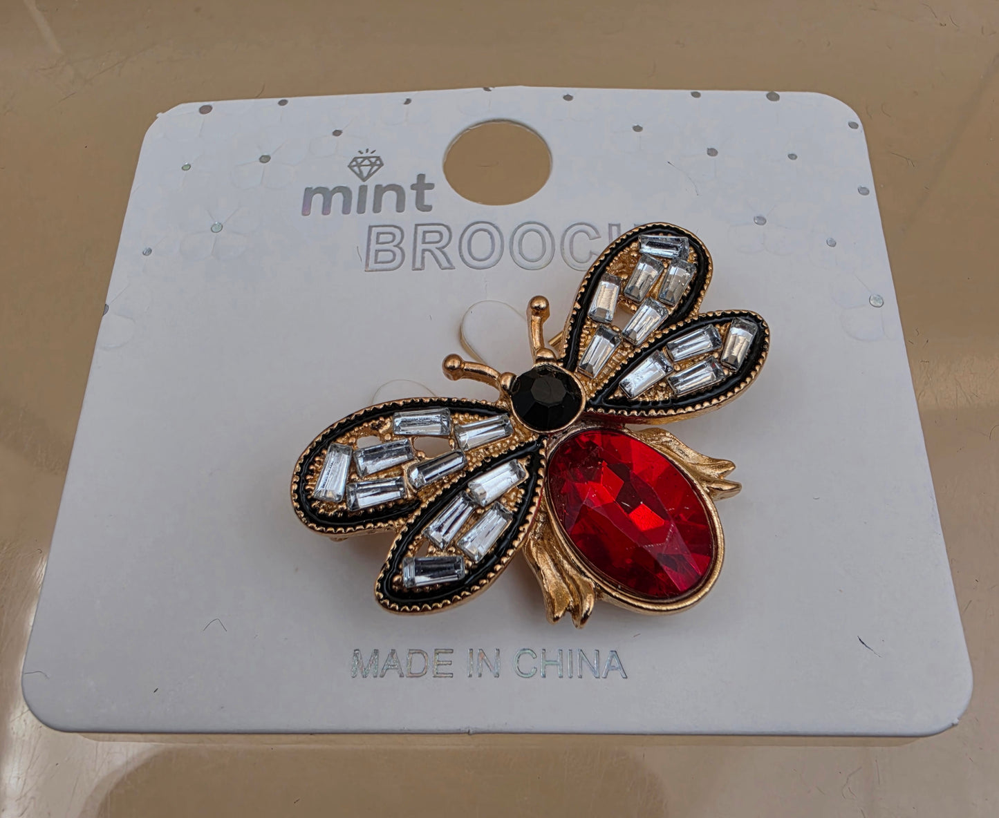 MINT Red/Clear Rhinestone/Goldtone Flying Bug Brooch
