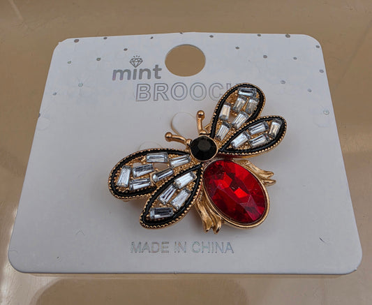 MINT Red/Clear Rhinestone/Goldtone Flying Bug Brooch
