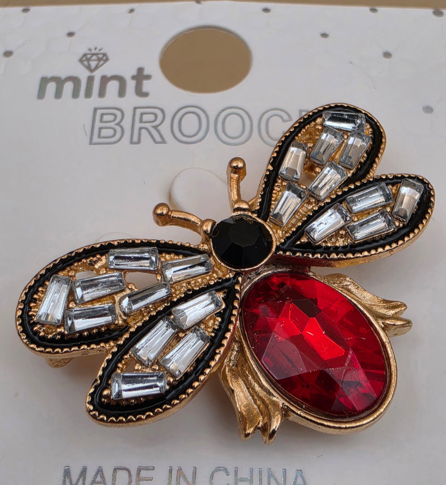 MINT Red/Clear Rhinestone/Goldtone Flying Bug Brooch