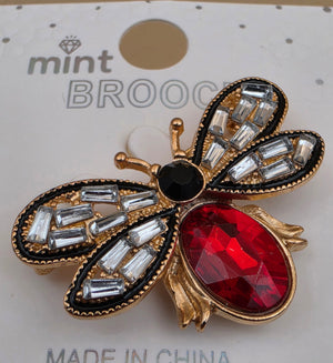 MINT Red/Clear Rhinestone/Goldtone Flying Bug Brooch