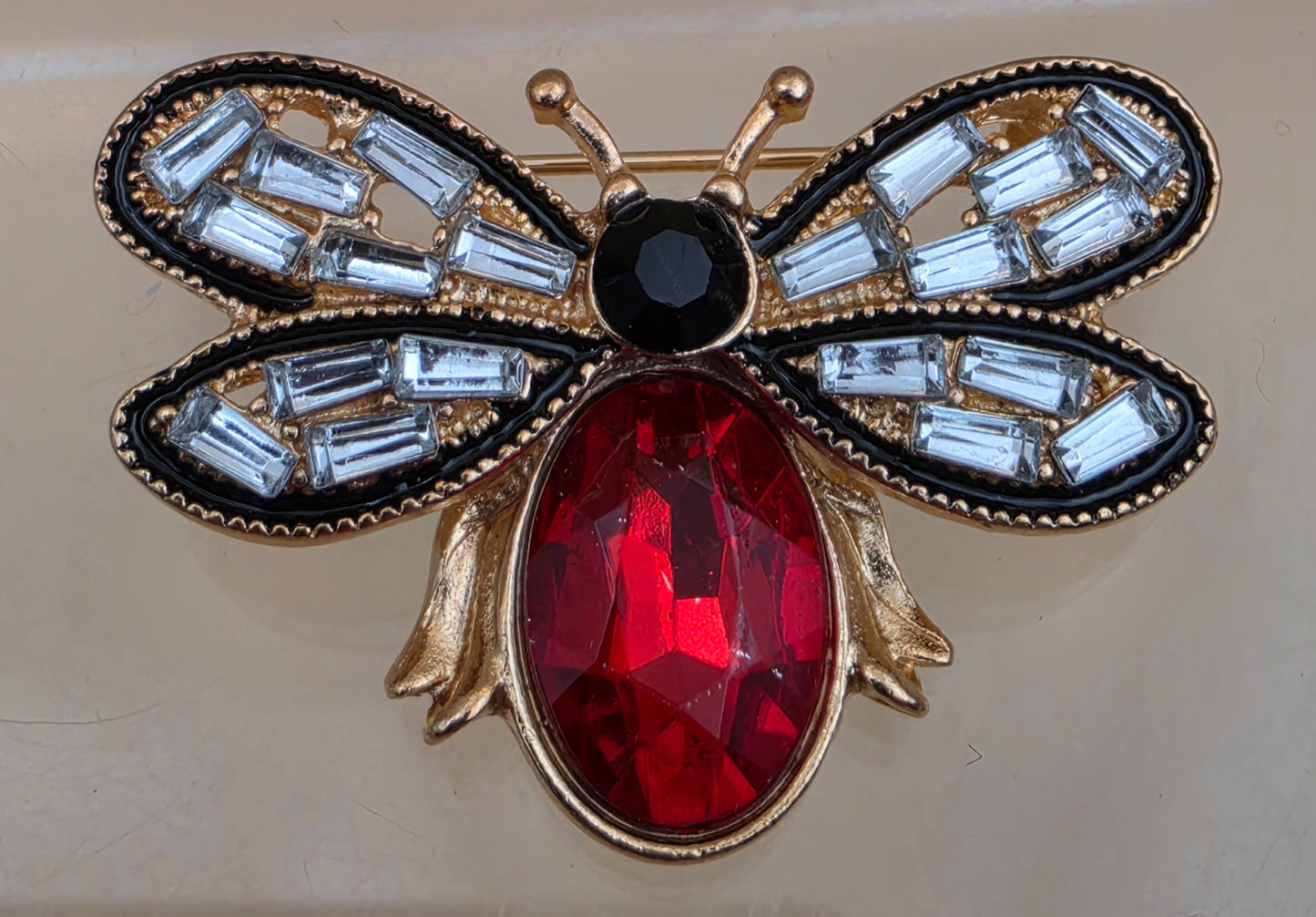 MINT Red/Clear Rhinestone/Goldtone Flying Bug Brooch