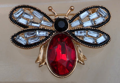 MINT Red/Clear Rhinestone/Goldtone Flying Bug Brooch