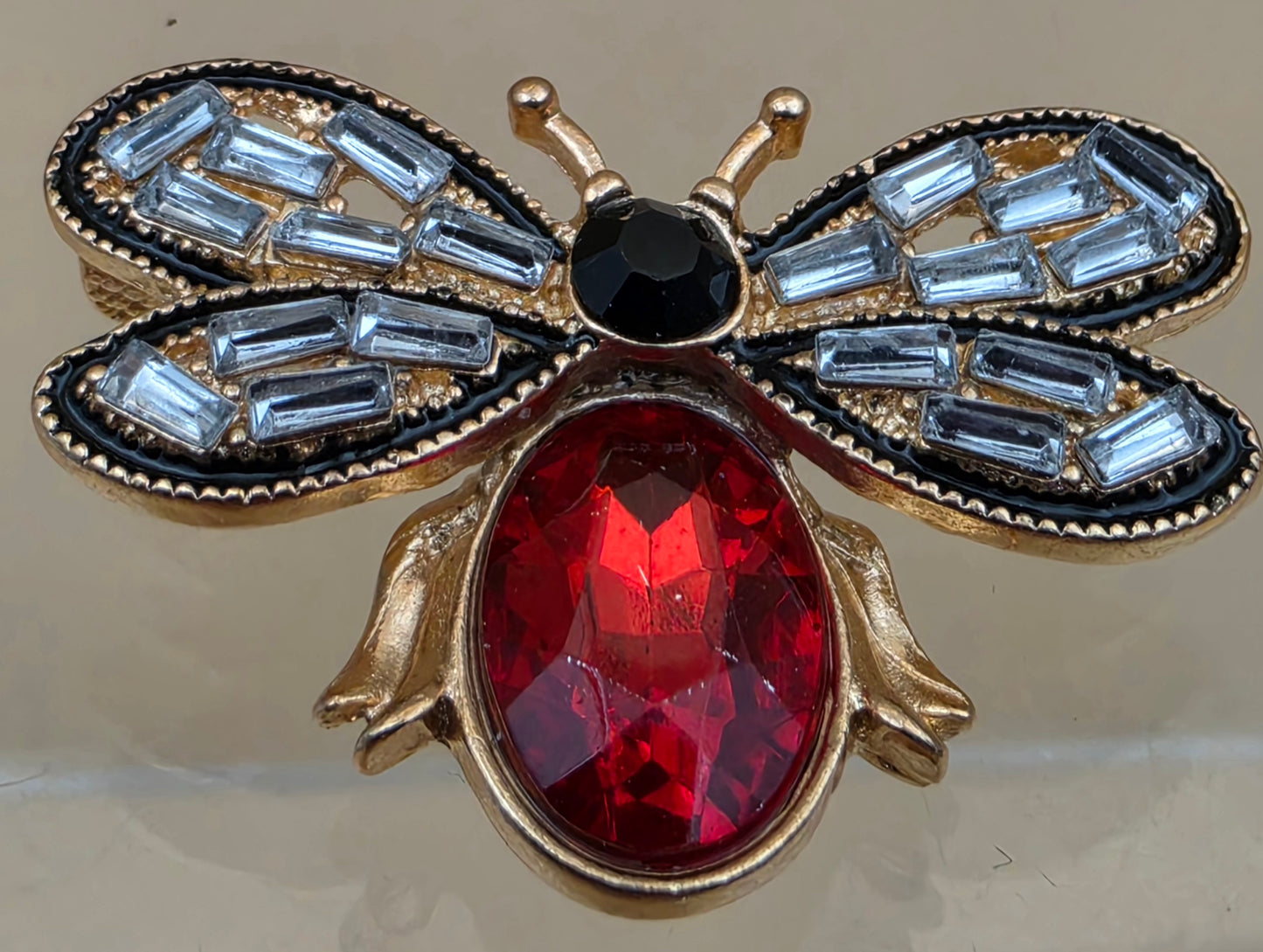 MINT Red/Clear Rhinestone/Goldtone Flying Bug Brooch
