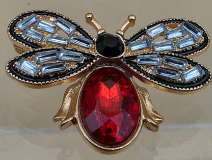 MINT Red/Clear Rhinestone/Goldtone Flying Bug Brooch