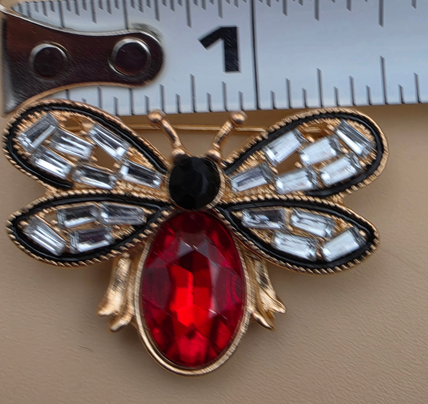 MINT Red/Clear Rhinestone/Goldtone Flying Bug Brooch