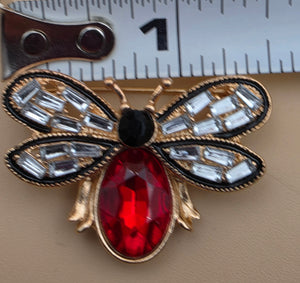 MINT Red/Clear Rhinestone/Goldtone Flying Bug Brooch