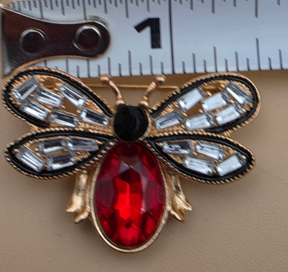 MINT Red/Clear Rhinestone/Goldtone Flying Bug Brooch