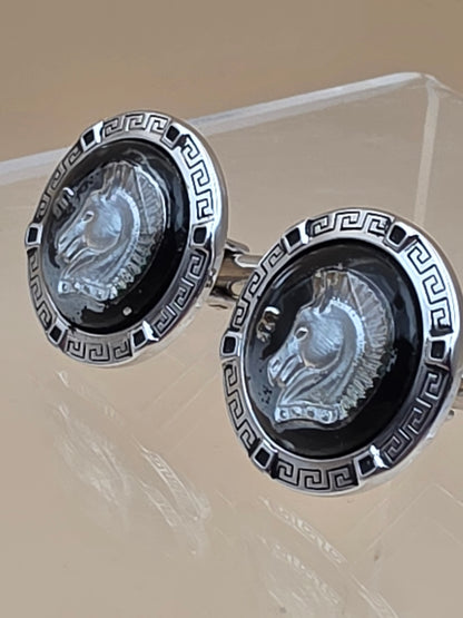 HICKOK Pair of Horse Head/Silvertone/Black Vintage Cufflinks