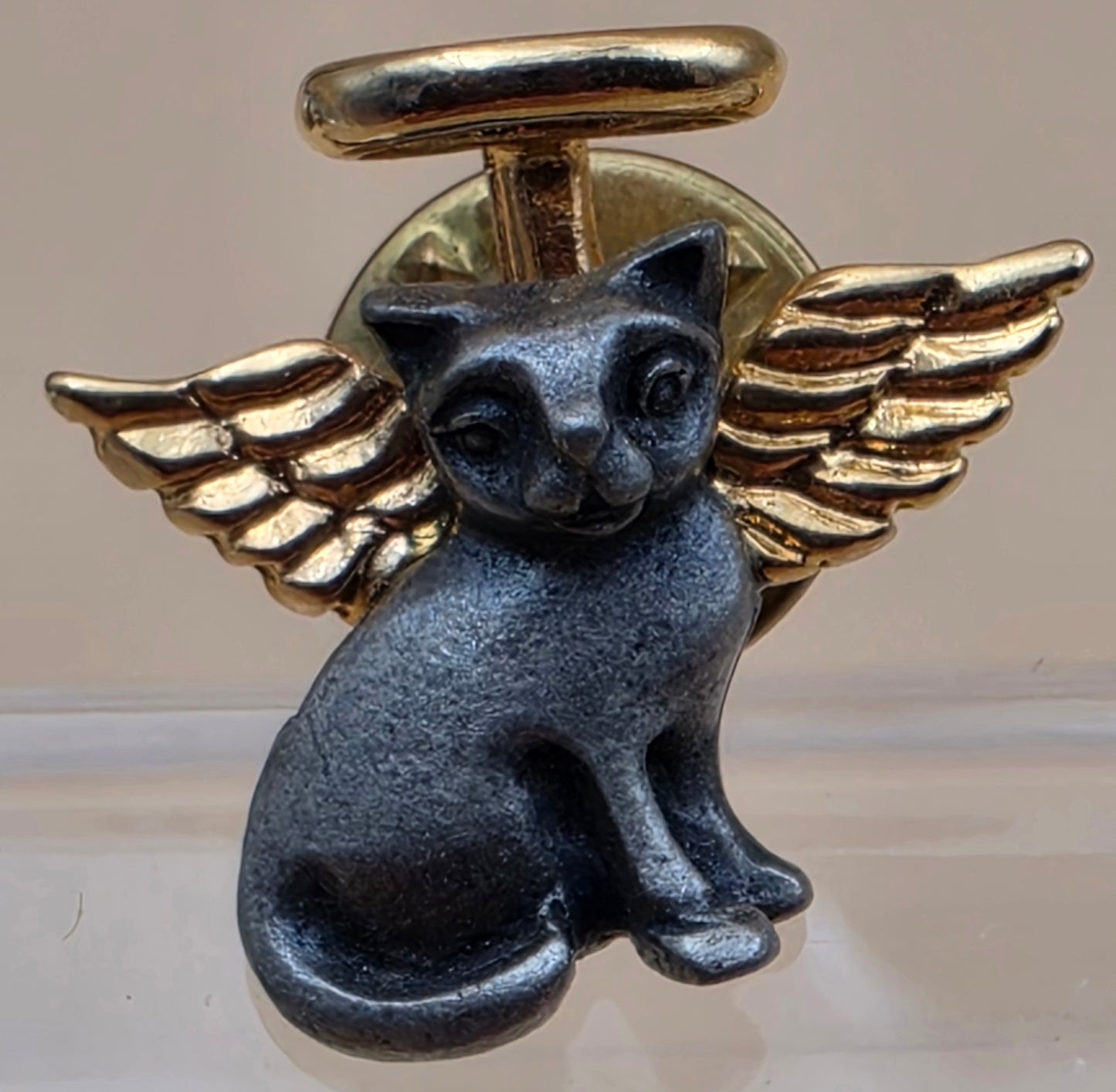 CAMCO Pewter/Goldtone/Guardian Angel Cat With Halo Vintage Tie Tack/Hat or Lapel Pin