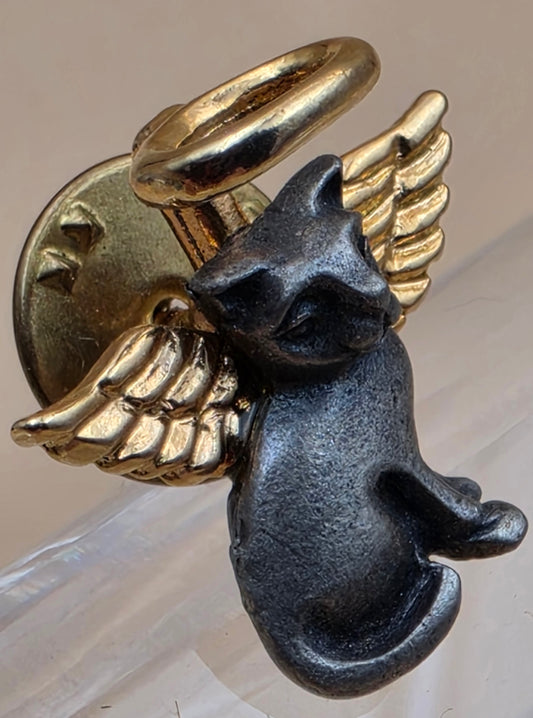 CAMCO Pewter/Goldtone/Guardian Angel Cat With Halo Vintage Tie Tack/Hat or Lapel Pin