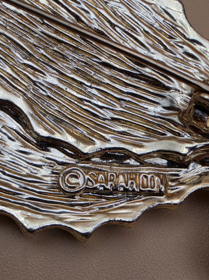 SARAH COVENTRY "Wooden Beauty" 1960's- 1970's Faux Wood Inlay/Silvertone Vintage 2.25" Leaf Brooch