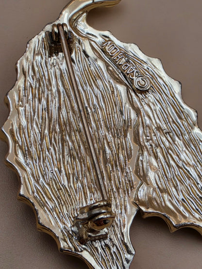 SARAH COVENTRY "Wooden Beauty" 1960's- 1970's Faux Wood Inlay/Silvertone Vintage 2.25" Leaf Brooch