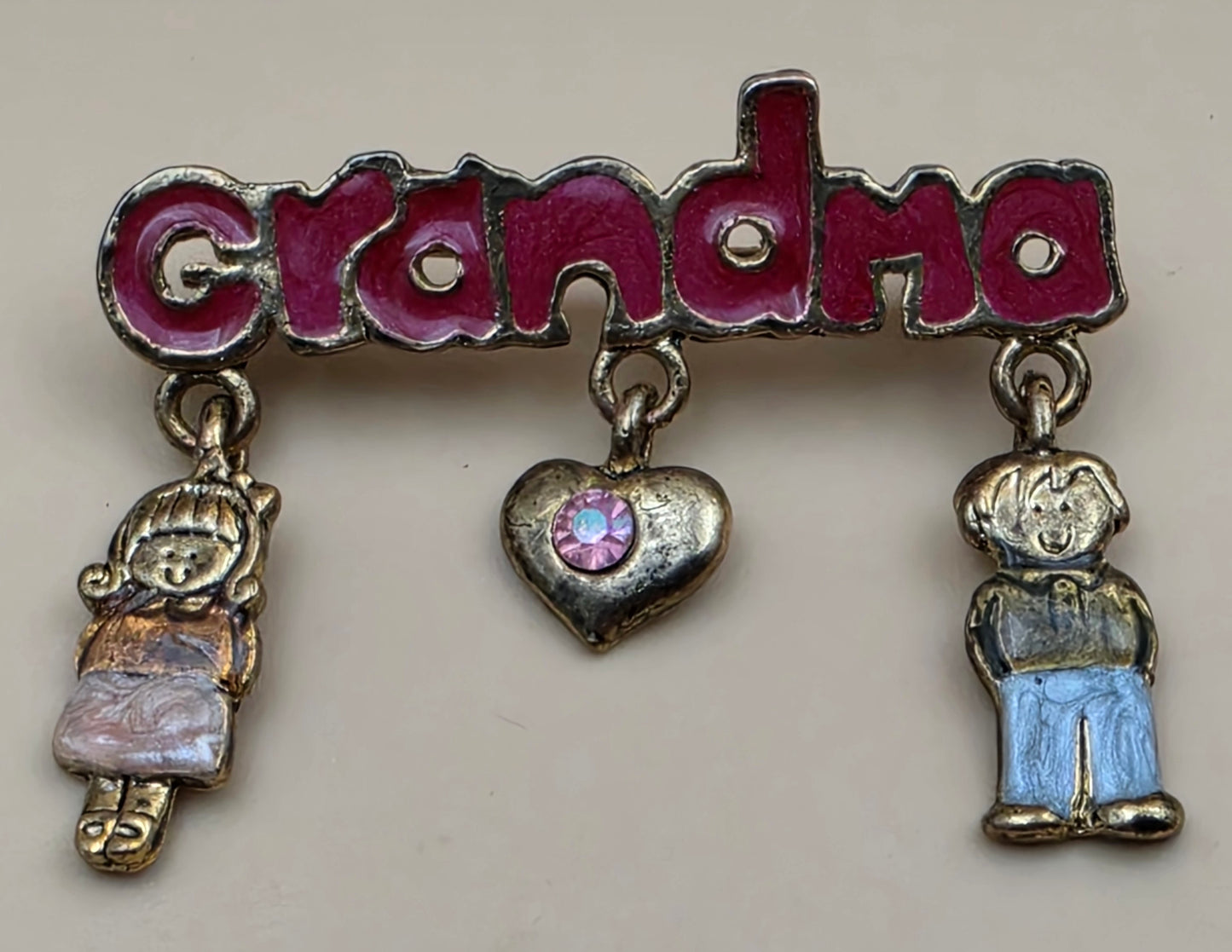 Antiqued Goldtone/Enamel Dangle Charm/ "Grandma" Vintage Brooch
