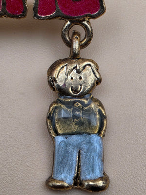 Antiqued Goldtone/Enamel Dangle Charm/ "Grandma" Vintage Brooch