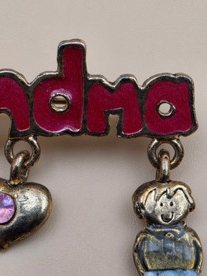 Antiqued Goldtone/Enamel Dangle Charm/ "Grandma" Vintage Brooch
