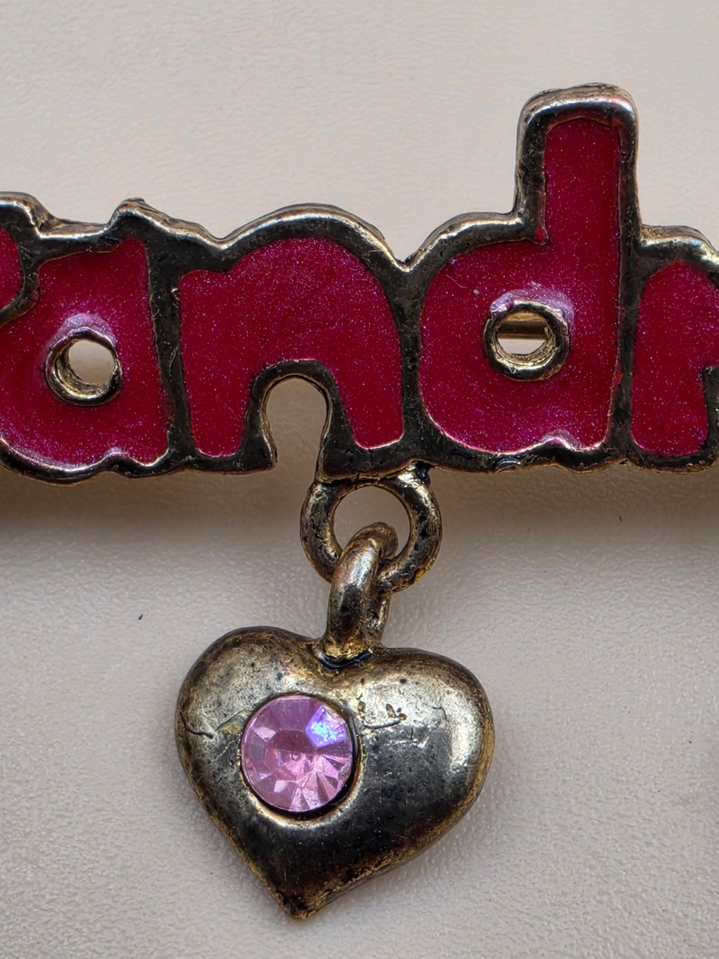 Antiqued Goldtone/Enamel Dangle Charm/ "Grandma" Vintage Brooch