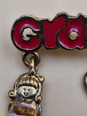 Antiqued Goldtone/Enamel Dangle Charm/ "Grandma" Vintage Brooch