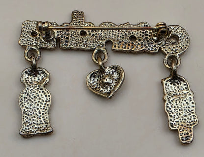 Antiqued Goldtone/Enamel Dangle Charm/ "Grandma" Vintage Brooch