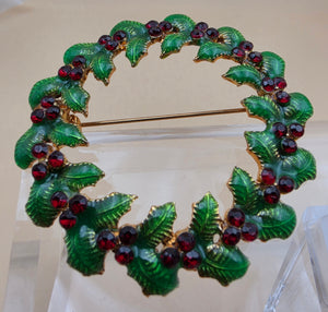 1960's- 1970's Green Enamel/Red Crystal Stones/Goldtone Vintage Christmas Wreath Brooch