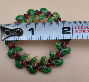1960's- 1970's Green Enamel/Red Crystal Stones/Goldtone Vintage Christmas Wreath Brooch