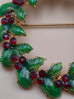 1960's- 1970's Green Enamel/Red Crystal Stones/Goldtone Vintage Christmas Wreath Brooch