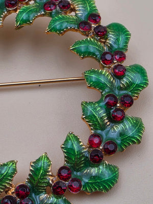1960's- 1970's Green Enamel/Red Crystal Stones/Goldtone Vintage Christmas Wreath Brooch