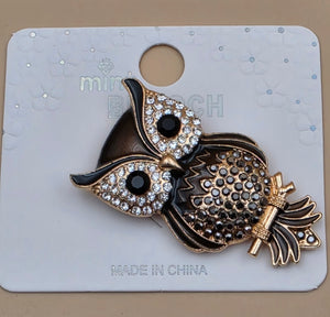 Multi Rhinestone Brown/White/Clear Owl on a Limb Brooch