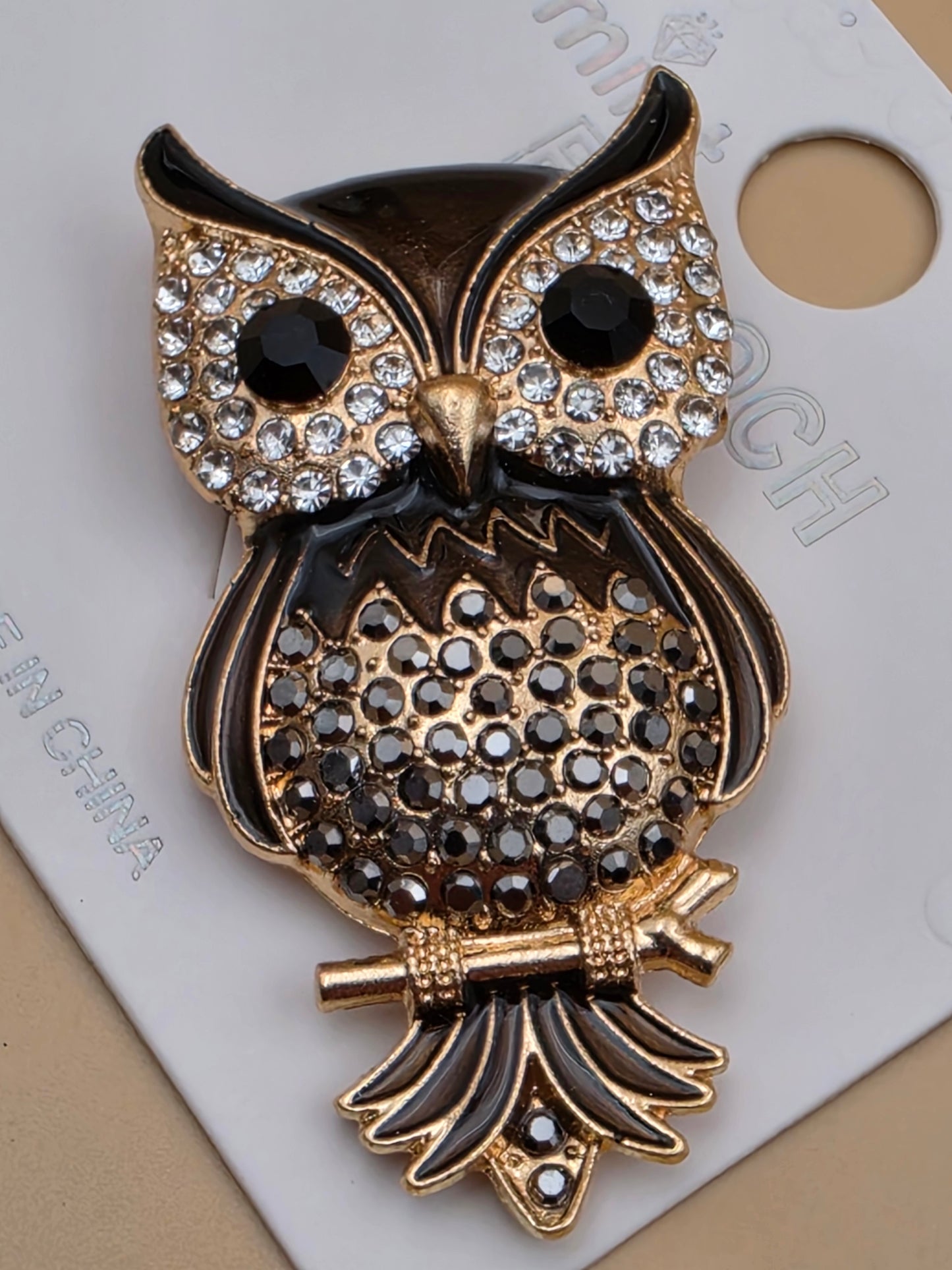 Multi Rhinestone Brown/White/Clear Owl on a Limb Brooch