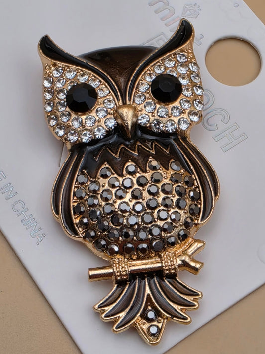 Multi Rhinestone Brown/White/Clear Owl on a Limb Brooch