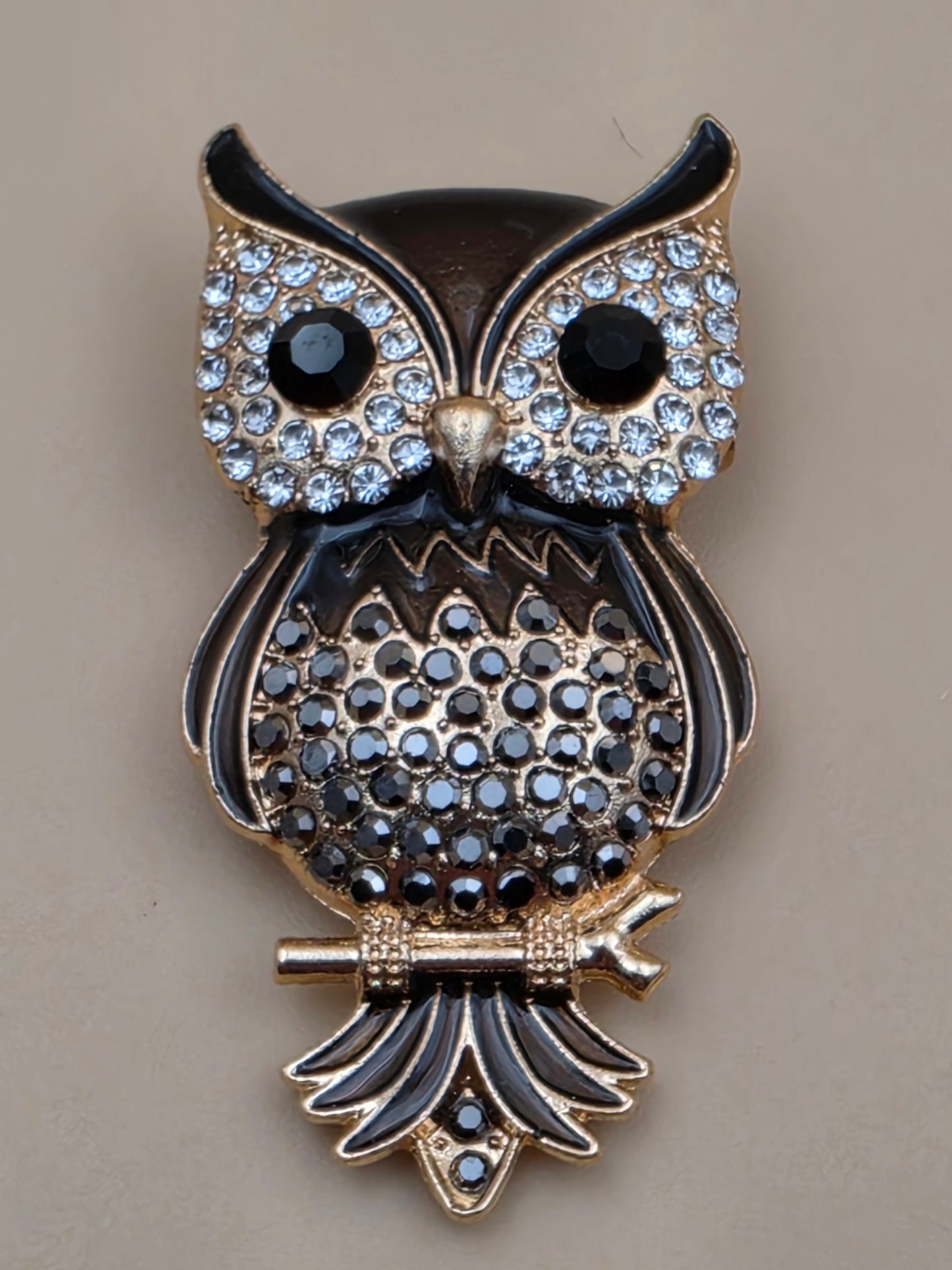Multi Rhinestone Brown/White/Clear Owl on a Limb Brooch