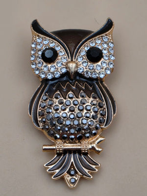 Multi Rhinestone Brown/White/Clear Owl on a Limb Brooch