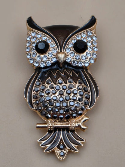 Multi Rhinestone Brown/White/Clear Owl on a Limb Brooch