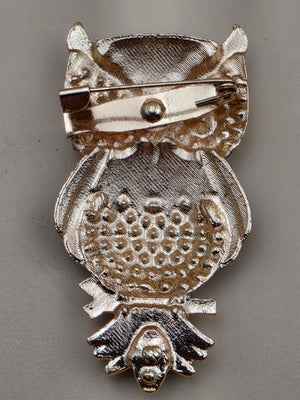 Multi Rhinestone Brown/White/Clear Owl on a Limb Brooch