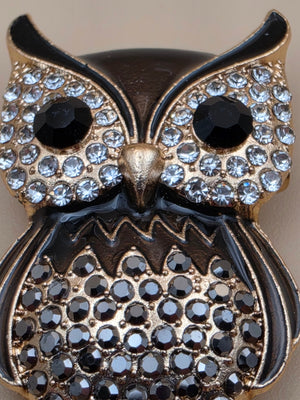 Multi Rhinestone Brown/White/Clear Owl on a Limb Brooch