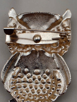 Multi Rhinestone Brown/White/Clear Owl on a Limb Brooch