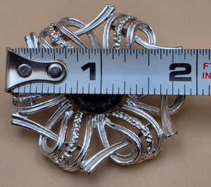GERRYS Silvertone/Black Cabochon/Vintage Sunburst Design/Textured Ribbon Vintage Brooch