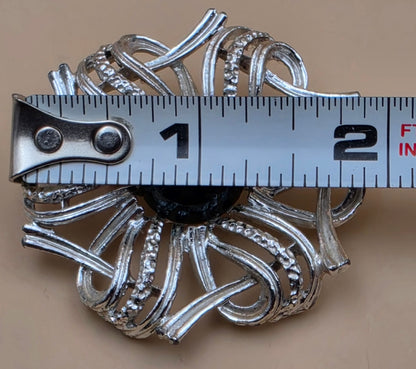 GERRYS Silvertone/Black Cabochon/Vintage Sunburst Design/Textured Ribbon Vintage Brooch