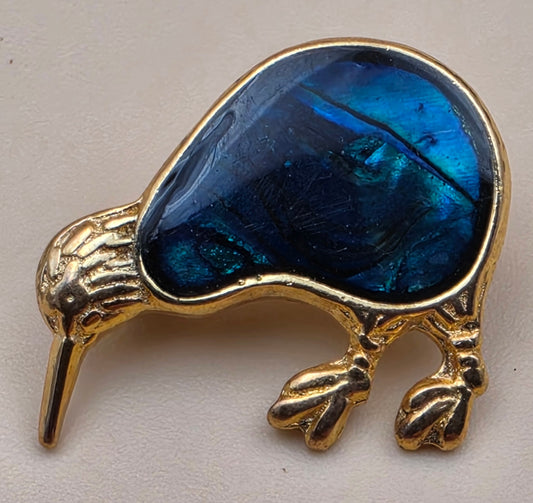 New Zealand Inlaid Kiwi Paua Shell/Gold Plated/1" Bird Brooch