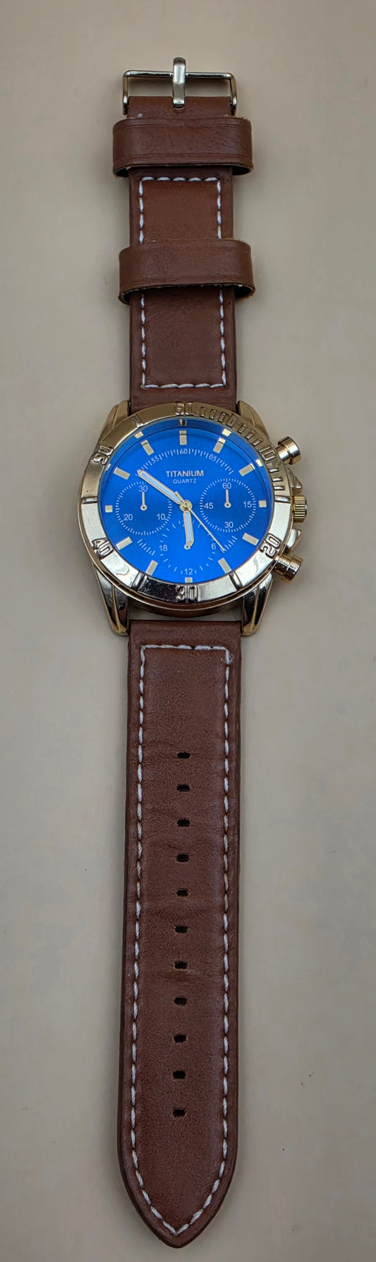 Blue Dial/Goldtone/Brown Stitched Band Men's Watch