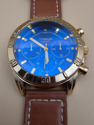 Blue Dial/Goldtone/Brown Stitched Band Men's Watch