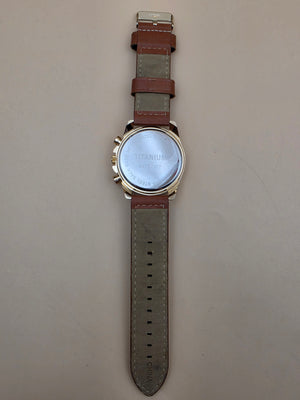 Blue Dial/Goldtone/Brown Stitched Band Men's Watch