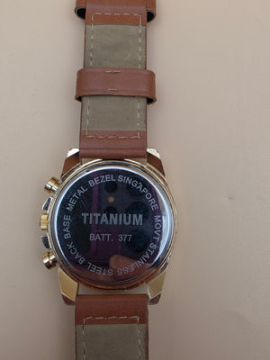 Blue Dial/Goldtone/Brown Stitched Band Men's Watch