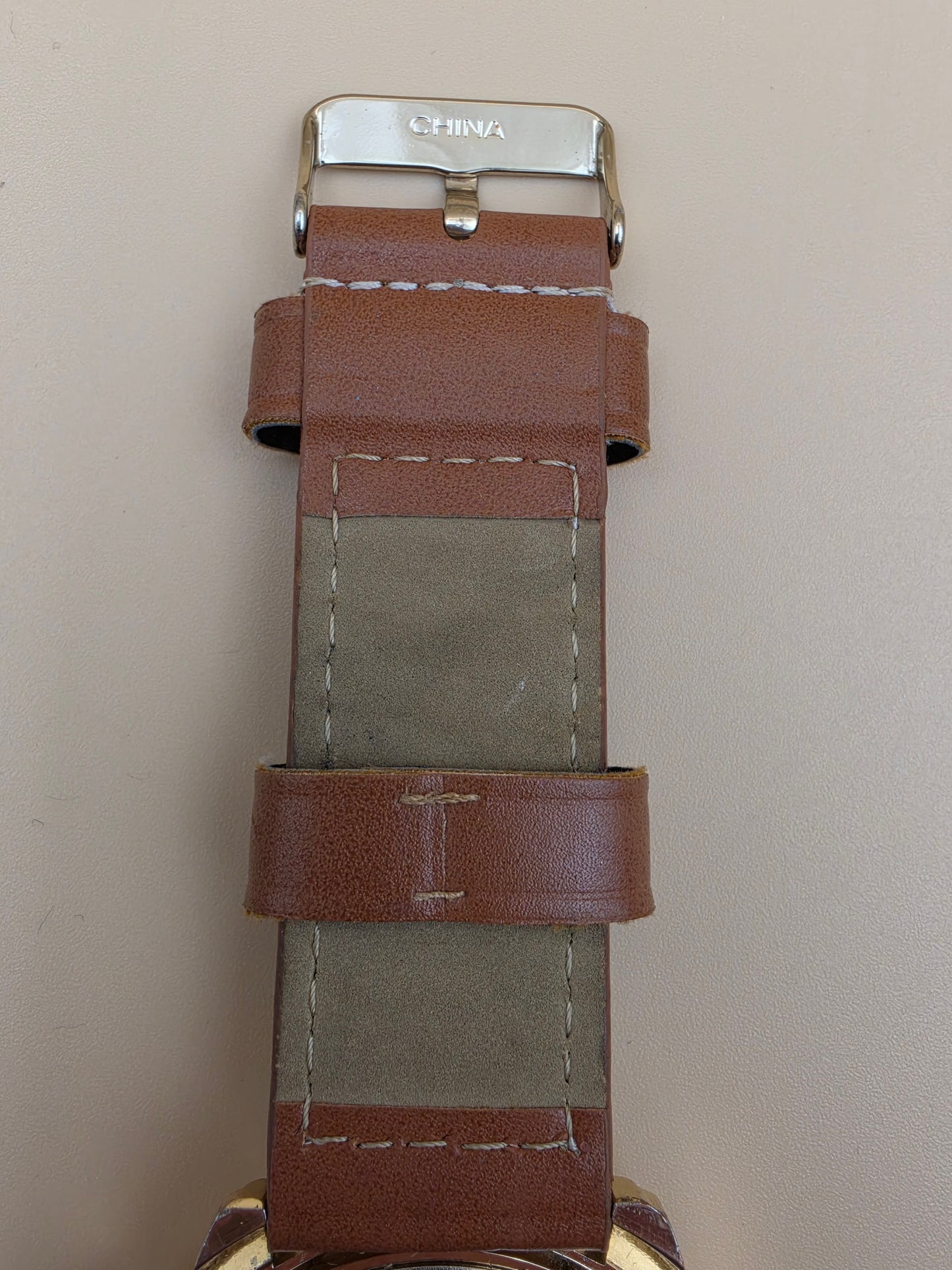 Blue Dial/Goldtone/Brown Stitched Band Men's Watch