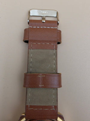 Blue Dial/Goldtone/Brown Stitched Band Men's Watch