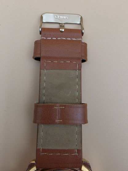 Blue Dial/Goldtone/Brown Stitched Band Men's Watch
