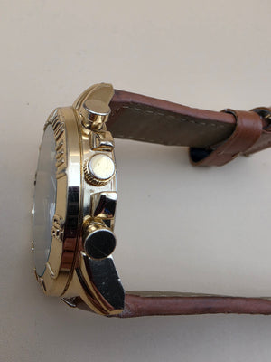 Blue Dial/Goldtone/Brown Stitched Band Men's Watch