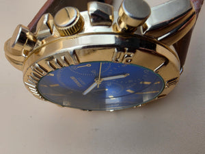 Blue Dial/Goldtone/Brown Stitched Band Men's Watch