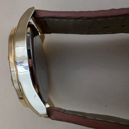 Blue Dial/Goldtone/Brown Stitched Band Men's Watch